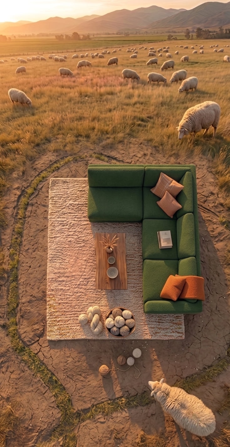 Aerial view of a green sectional sofa and a handwoven wool rug arranged on open pasture at sunset, with sheep grazing beyond